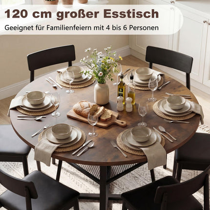 Table de salle à manger ronde avec étagère, 4 à 6 couverts, marron rustique