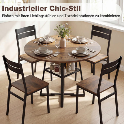 Table de salle à manger ronde avec étagère, 4 à 6 couverts, marron rustique