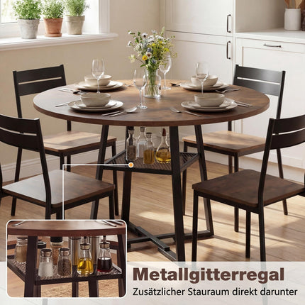 Table de salle à manger ronde avec étagère, 4 à 6 couverts, marron rustique