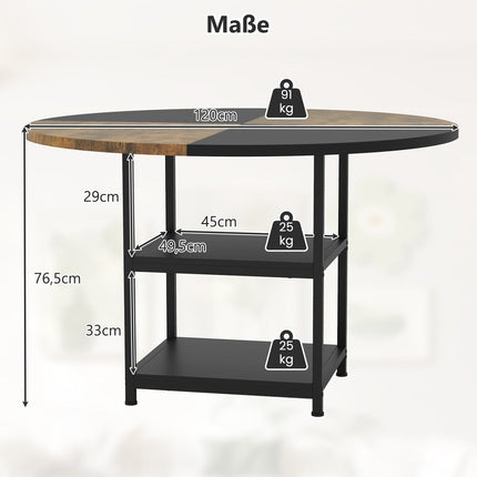 Table de salle à manger ronde avec rangement, 120 cm, structure en métal