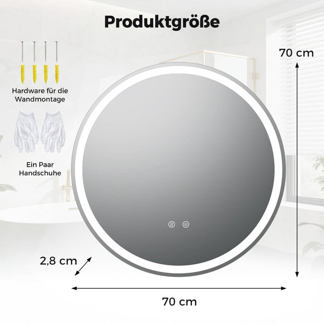 Runder LED-Badezimmerspiegel, 70 cm, einstellbare Helligkeit