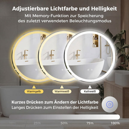 Runder LED-Badezimmerspiegel, 70 cm, einstellbare Helligkeit