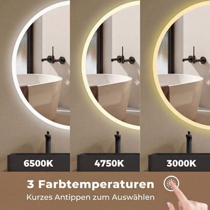 Miroir de salle de bain rond à LED, 70 cm, antibuée, 3 couleurs d'éclairage