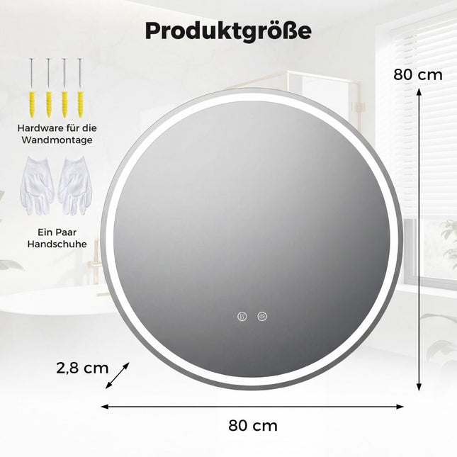 Runder LED-Badezimmerspiegel, einstellbare Helligkeit, Ø80 cm