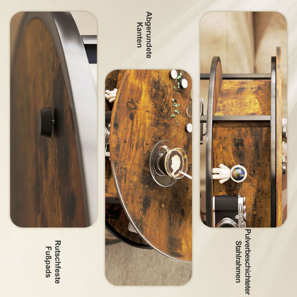 Table basse ronde avec plateau relevable, rangements, étagères latérales, structure en acier, table basse, marron