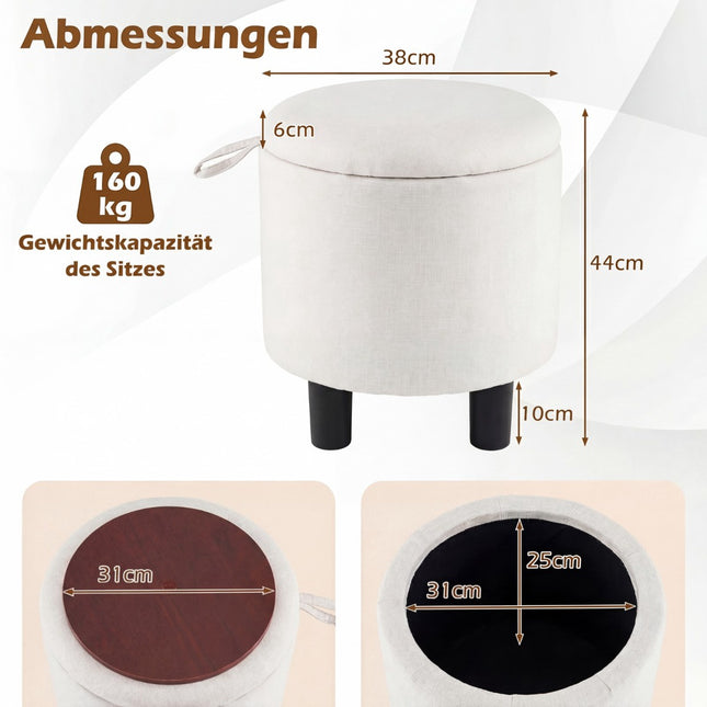 Runder Leinen-Hocker mit Stauraum, Beige, Ø38 cm