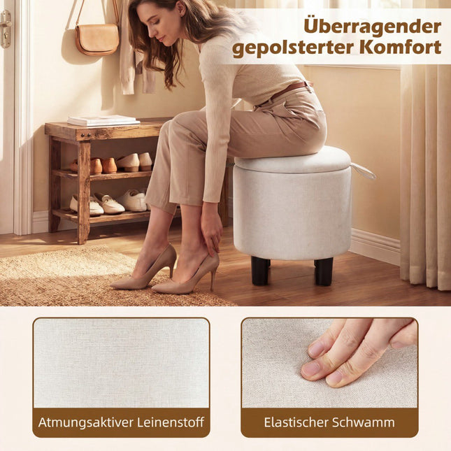 Runder Leinen-Hocker mit Stauraum, Beige, Ø38 cm