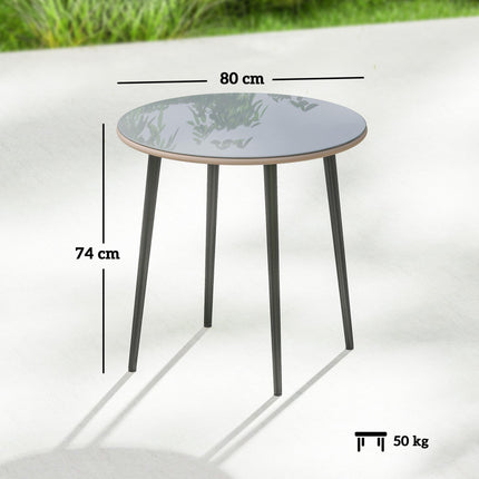 Table de jardin ronde, 80 cm, verre et rotin