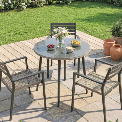 Table de jardin ronde, 80 cm, verre et rotin