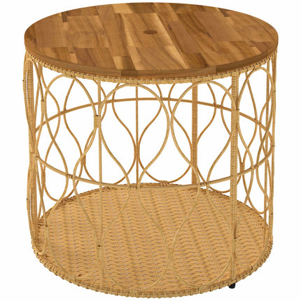Table d'appoint ronde d'extérieur, plateau en bois d'acacia, aspect rotin