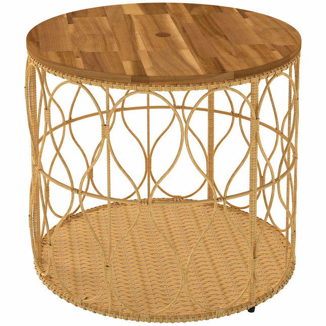 Runder Outdoor-Beistelltisch, Akazienholzplatte, Rattan-Optik