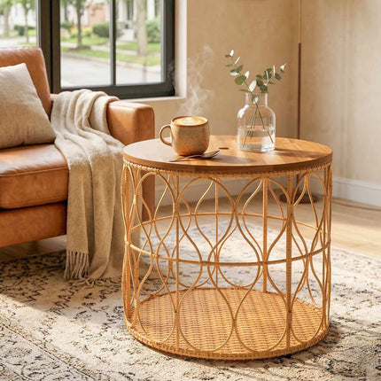 Table d'appoint ronde d'extérieur, plateau en bois d'acacia, aspect rotin