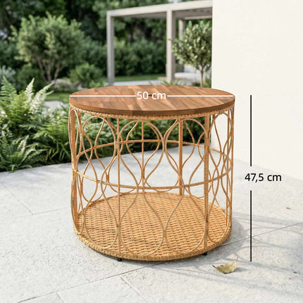 Table d'appoint ronde d'extérieur, plateau en bois d'acacia, aspect rotin