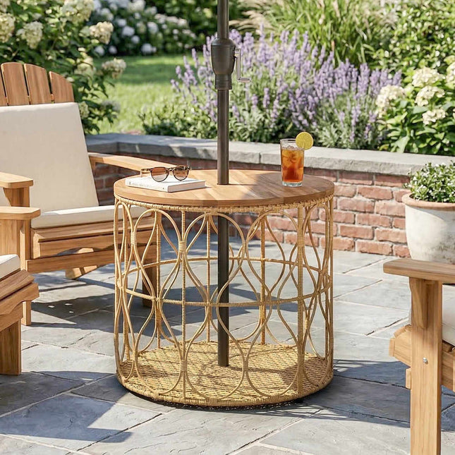Runder Outdoor-Beistelltisch, Akazienholzplatte, Rattan-Optik