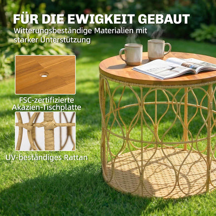 Table d'appoint ronde d'extérieur, plateau en bois d'acacia, aspect rotin