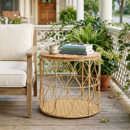 Table d'appoint ronde d'extérieur, plateau en bois d'acacia, aspect rotin