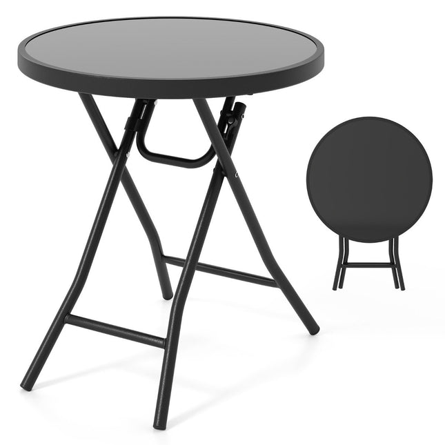 Runder Terrassen-Couchtisch mit Platte aus gehärtetem Glas und Metallrahmen, klappbarer Beistelltisch, Schwarz