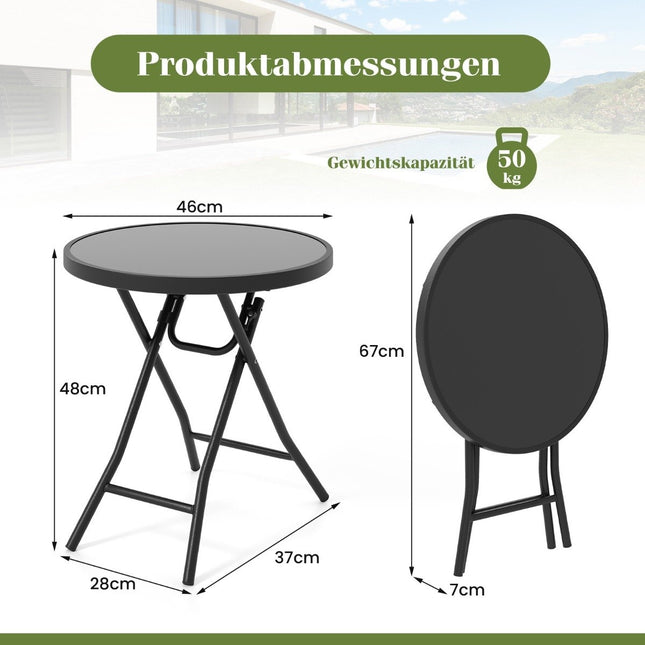 Runder Terrassen-Couchtisch mit Platte aus gehärtetem Glas und Metallrahmen, klappbarer Beistelltisch, Schwarz