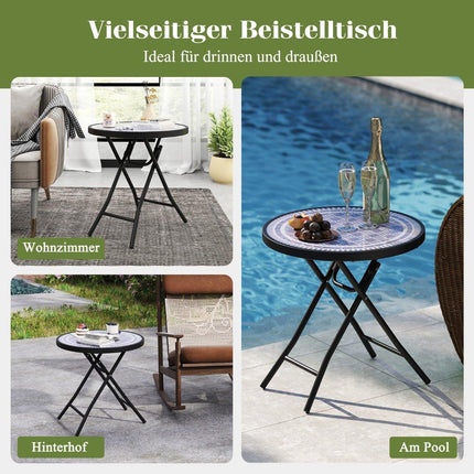 Runder Terrassen-Couchtisch mit Platte aus gehärtetem Glas und Metallrahmen, klappbarer Beistelltisch, Grau