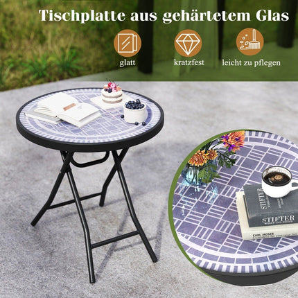 Runder Terrassen-Couchtisch mit Platte aus gehärtetem Glas und Metallrahmen, klappbarer Beistelltisch, Grau