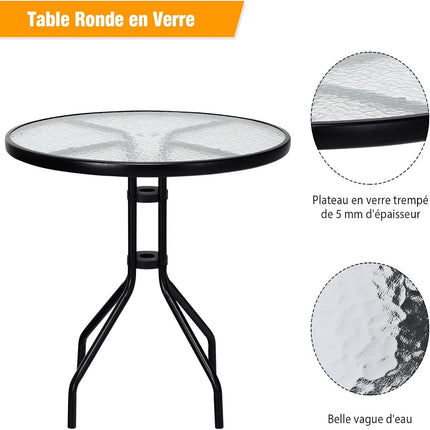 Runder Terrassentisch 70cm, gehärtetes Glas, Schirmloch
