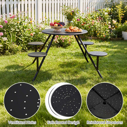 Table de pique-nique ronde pour 4 personnes avec sièges en fer et trou pour parasol