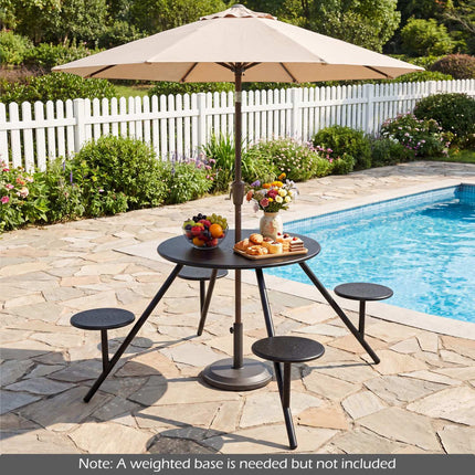 Table de pique-nique ronde pour 4 personnes avec sièges en fer et trou pour parasol