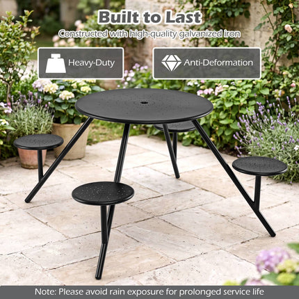 Table de pique-nique ronde pour 4 personnes avec sièges en fer et trou pour parasol