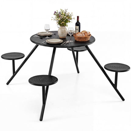 Table de pique-nique ronde pour 4 personnes avec sièges en fer et trou pour parasol