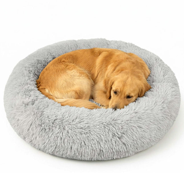 Coussin rond en peluche pour chien, 100 cm, gris clair