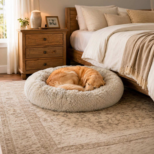 Coussin rond en peluche pour chien, 100 cm, gris clair