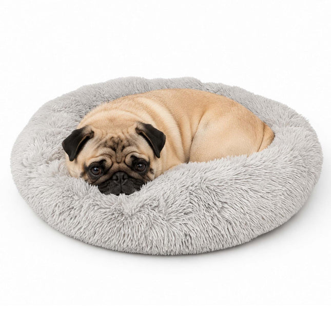 Coussin rond en peluche pour chien, 60 cm – Gris clair