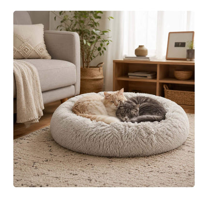 Coussin rond en peluche pour chien, 60 cm – Gris clair