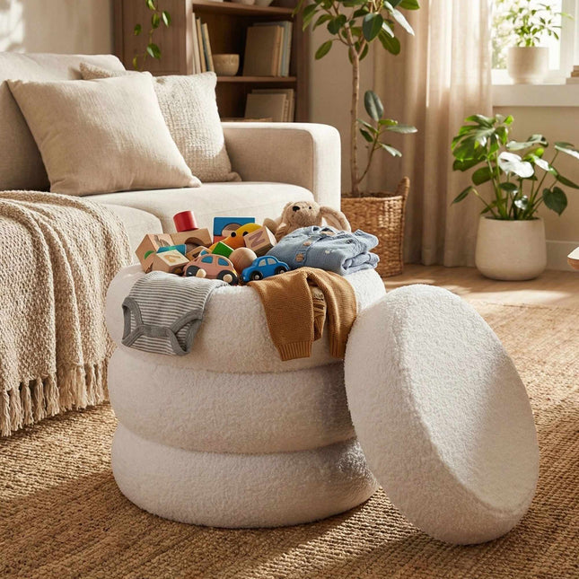 Runder Plüsch-Hocker – Teddy-Stoff, gepolsterter Sitz