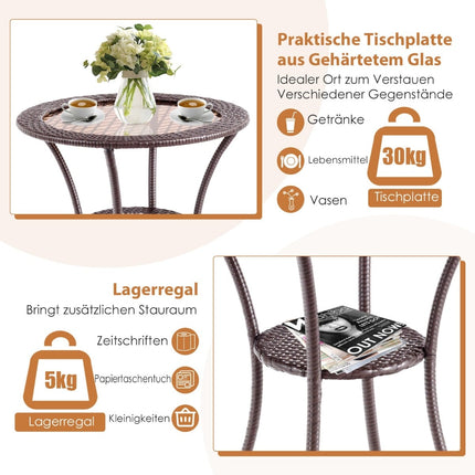 Table d'extérieur ronde en rotin avec plateau en verre et étagère
