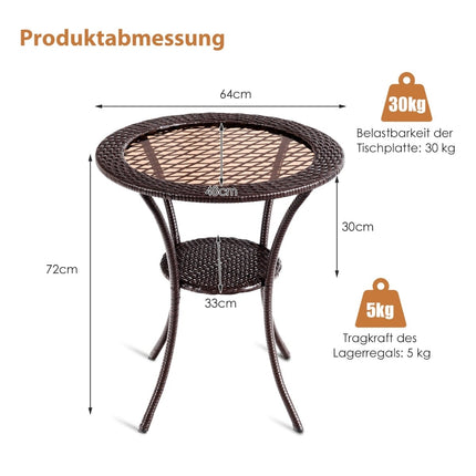 Table d'extérieur ronde en rotin avec plateau en verre et étagère