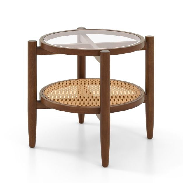 Runder Rattan-Beistelltisch mit Glasplatte, 2-stöckig