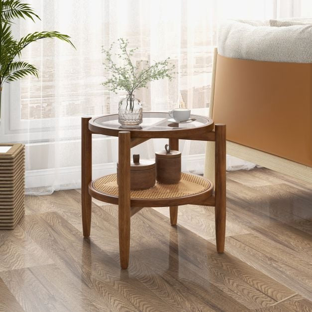 Runder Rattan-Beistelltisch mit Glasplatte, 2-stöckig