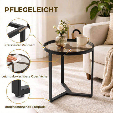 Runder Beistelltisch, gehärtete Glasplatte, Schwarz 45 cm