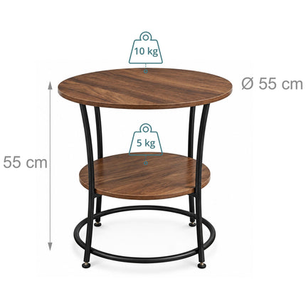 Round Side Table with 2 Shelves and Adjustable Feet, Black, Brown Wood-Effect