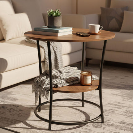 Round Side Table with 2 Shelves and Adjustable Feet, Black, Brown Wood-Effect