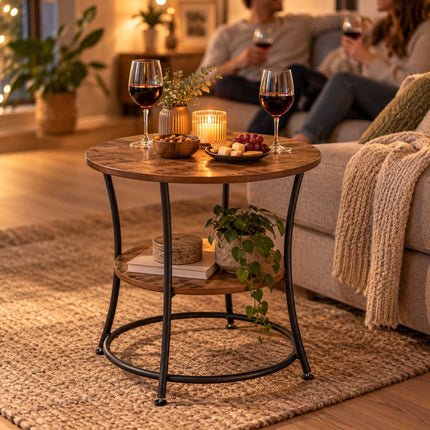 Round Side Table with 2 Shelves and Adjustable Feet, Black, Brown Wood-Effect