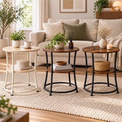 Round Side Table with 2 Shelves and Adjustable Feet, Black, Brown Wood-Effect