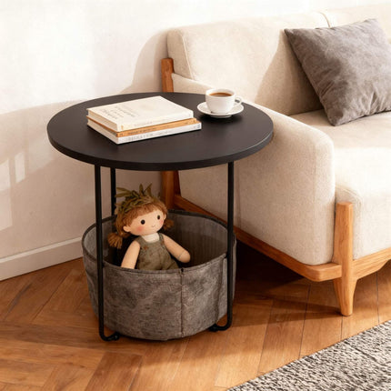 Table d'appoint ronde avec panier de rangement, structure en métal