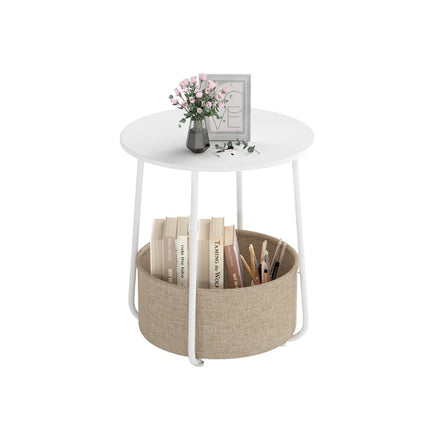 Table d'appoint ronde avec panier de rangement, blanche, structure en métal