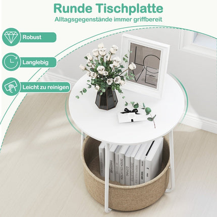 Table d'appoint ronde avec panier de rangement, blanche, structure en métal