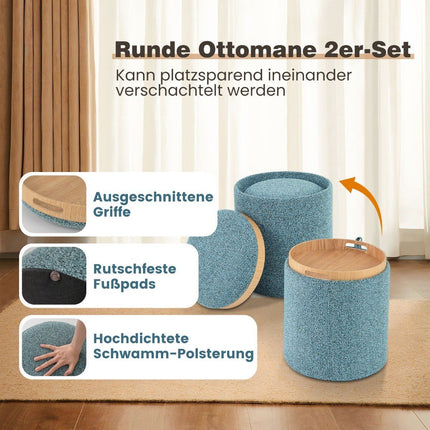 Ensemble ottoman de rangement rond avec couvercle réversible, bleu
