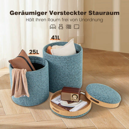 Ensemble ottoman de rangement rond avec couvercle réversible, bleu