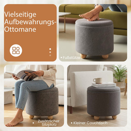 Runde Aufbewahrungshocker mit abnehmbarem Deckel, Grau Chenille