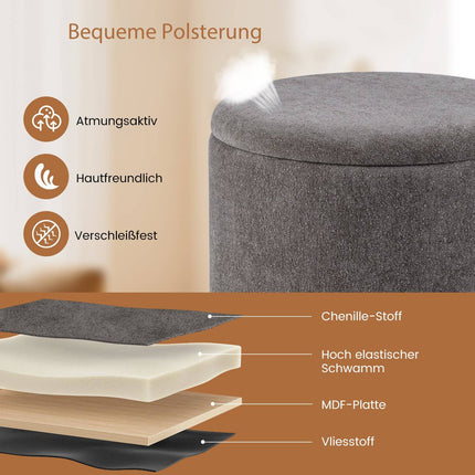 Runde Aufbewahrungshocker mit abnehmbarem Deckel, Grau Chenille